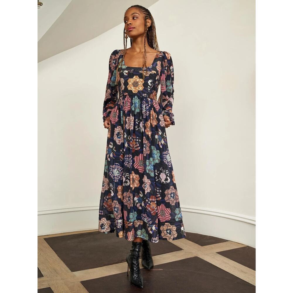 NWT LA LIGNE Maria Square Neck Patchwork Floral Dress Sz S Long Sleeve #1B452